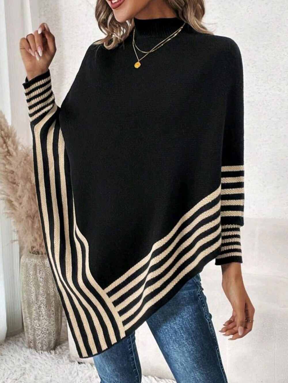Black & Cream Striped Turtleneck Poncho Sweater - Women